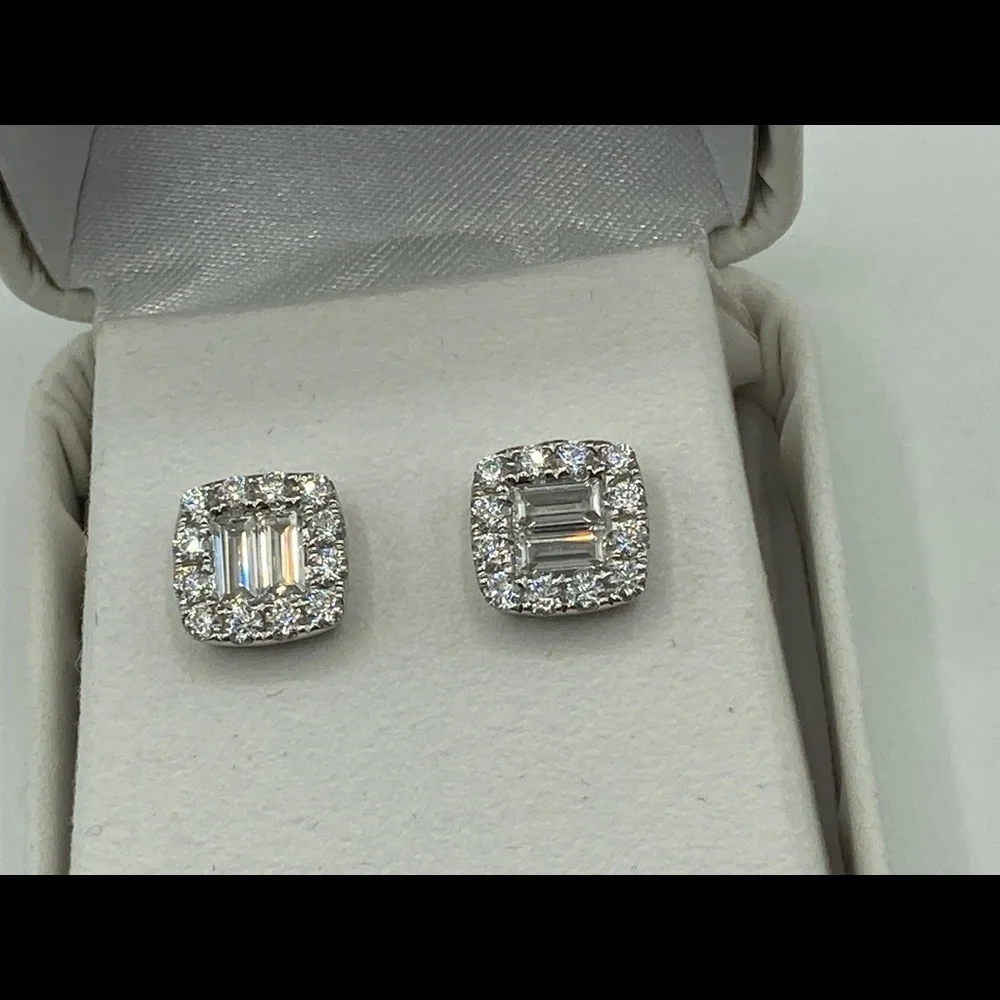 Silver Moissanite Earrings Micro Pave Emerald Cut 9.7 mm 11 ct - Picture 3 of 7